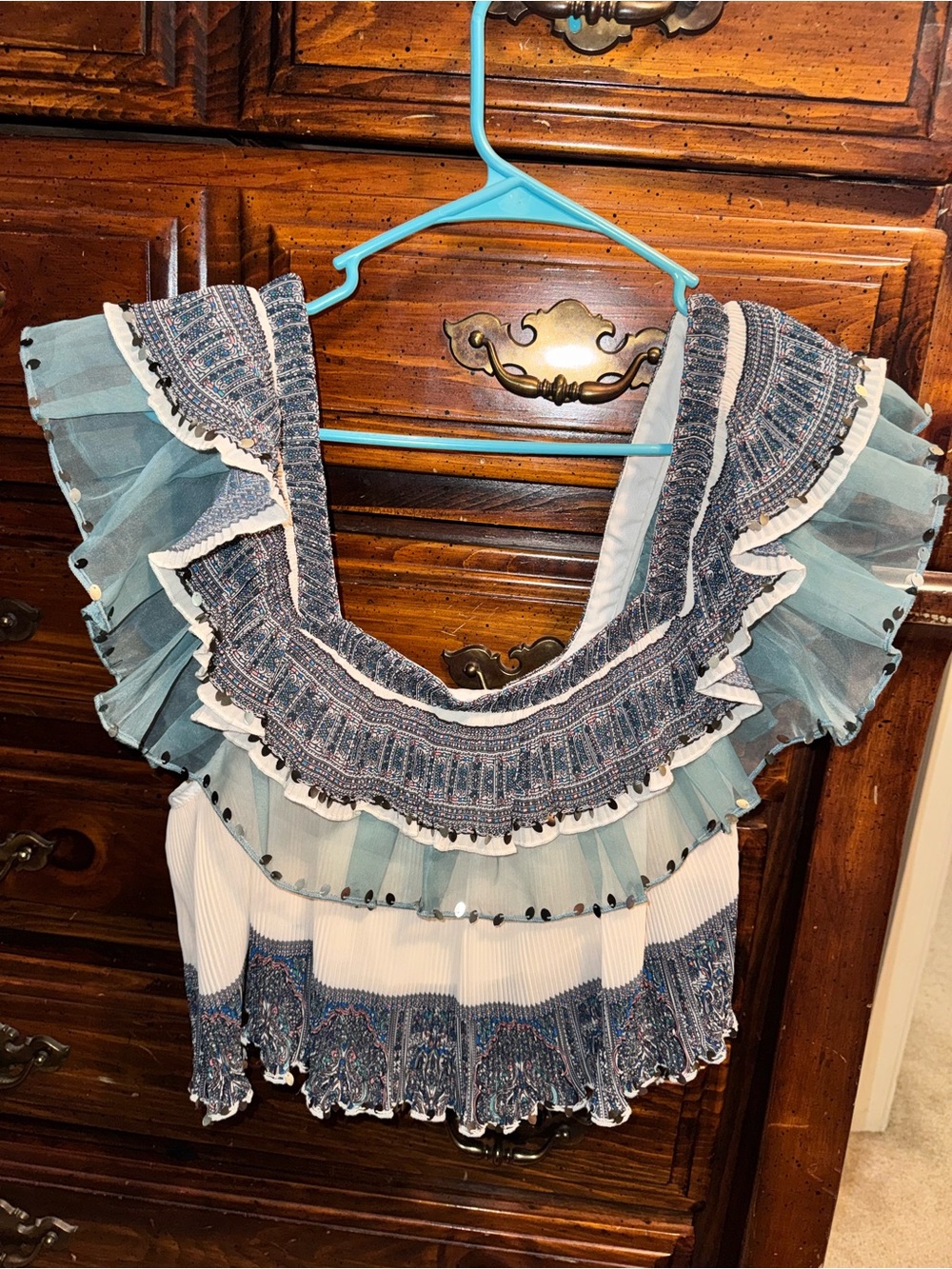 Anthropologie Smocked Ruffle Layered Blouse in Shades Of Blue and White - Picture 6 of 7
